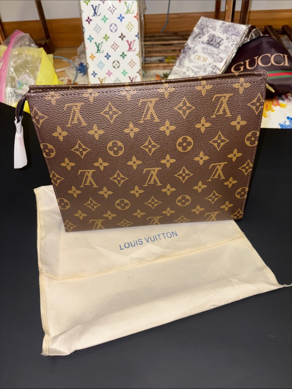 Designer Inspired Monogram Pouch in Brown with Dust Bag